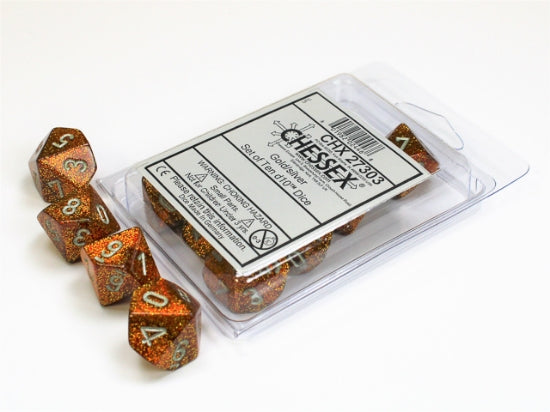 Set de diez dados d10 Glitter Gold/Silver